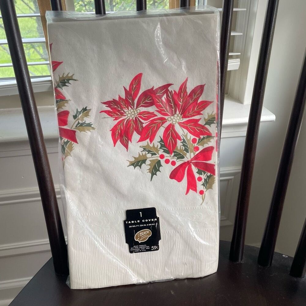 NOS NIP Vintage 60s 70s Paper Tablecloth Poinsetta 96” x 54”